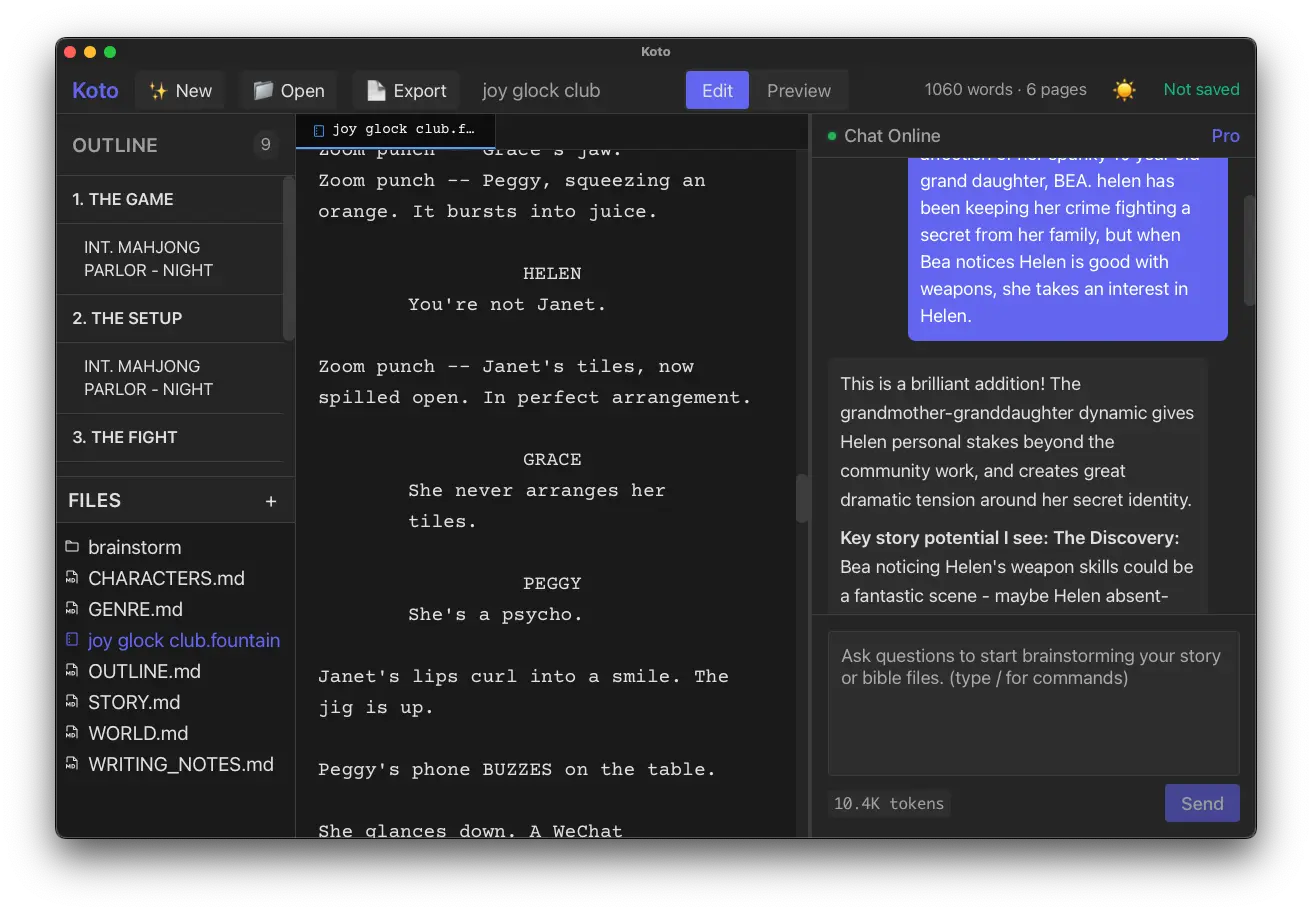Koto editor interface showing Joy Glock Club screenplay with outline, editor, and chat panel